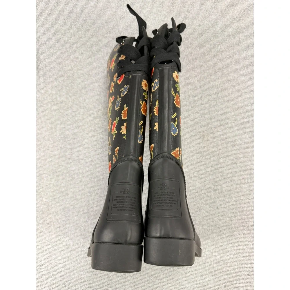 Coach Tristee Floral Rain Boots Black Matte Rubber Tall Lace Back Womens 8B